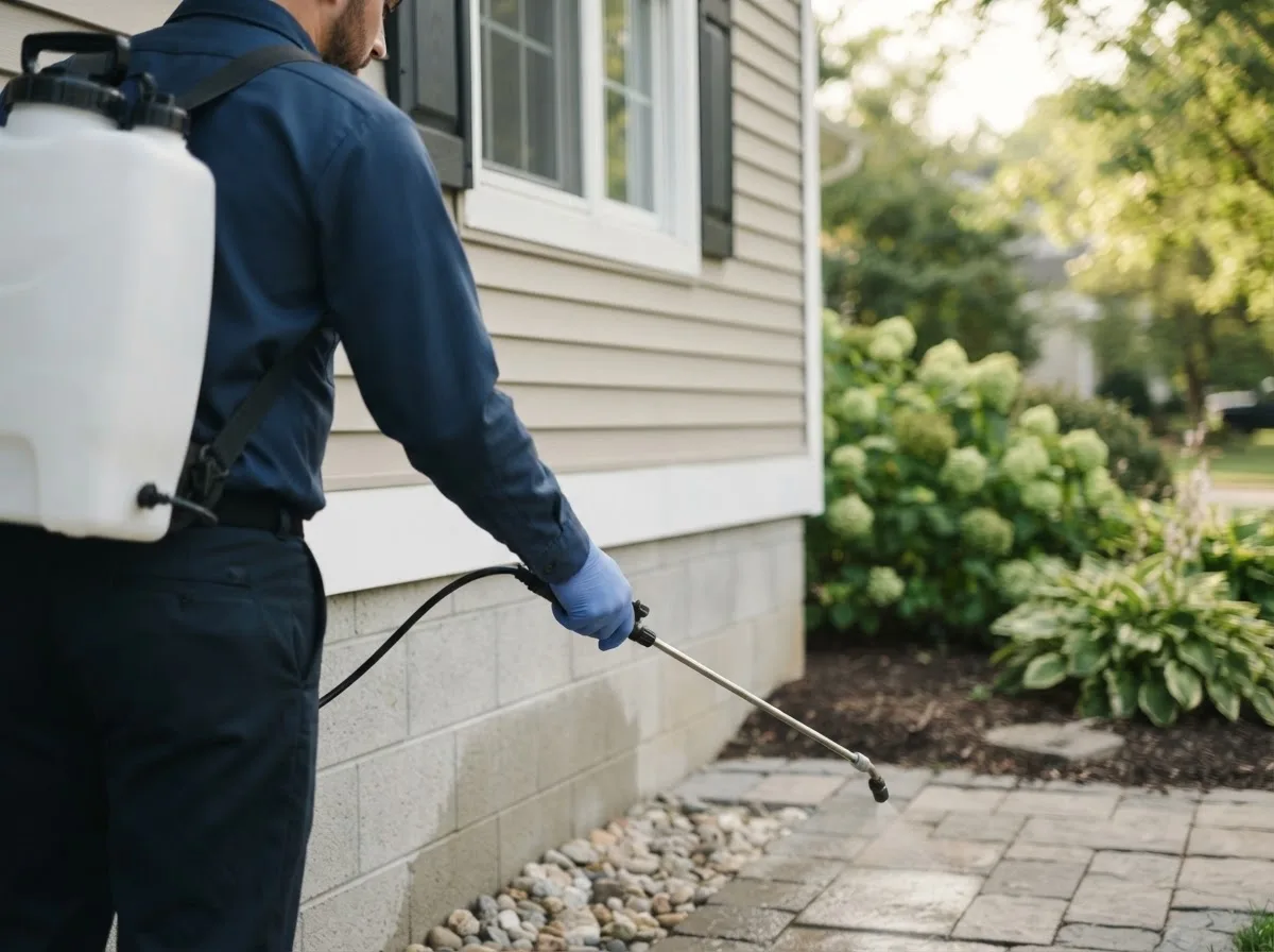 Pest control technician inspecting a home in Summitville, OH
